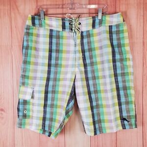 Tommy Bahama Mens Relaxed Shorts Sz‎ 36 Green Plaid 100% Polyester Summer